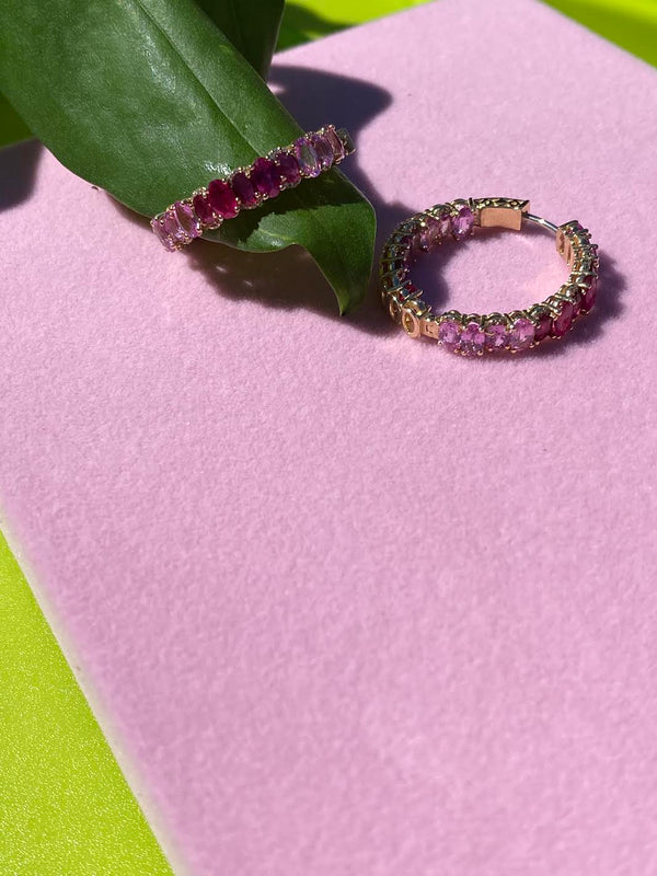14K Diamond and Pink Sapphire Ruby Hoop Earrings