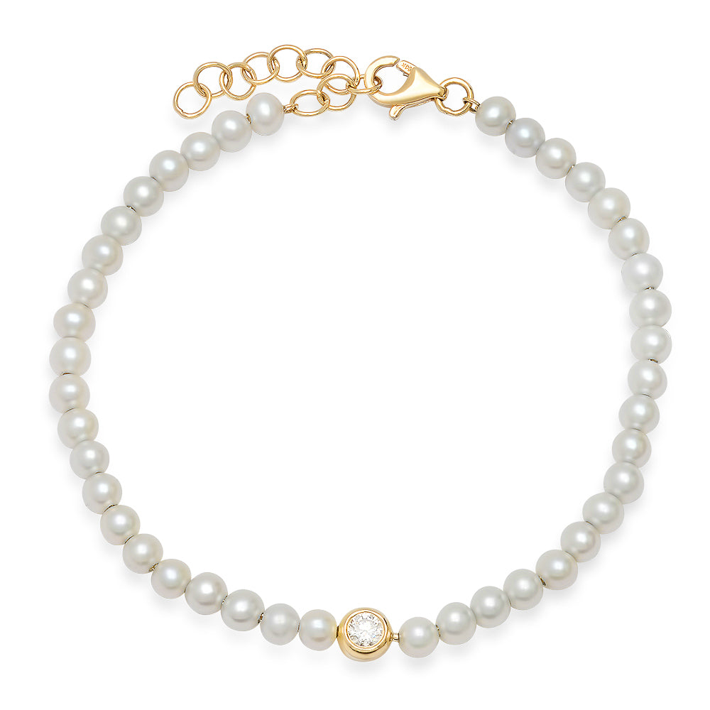 14K Gold Bezel Set Diamond Pearl Bracelet