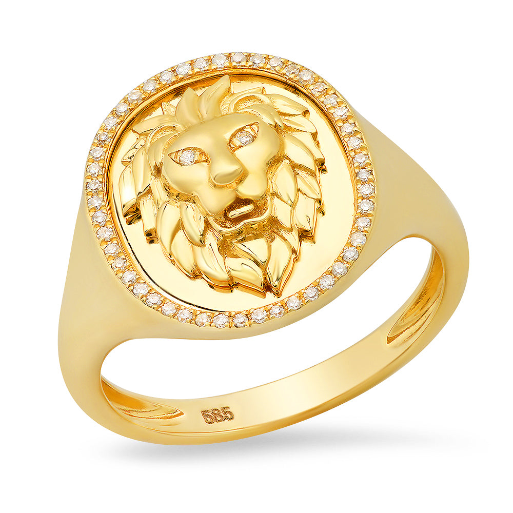 14K Yellow Gold Large Diamond Lion Signet Ring