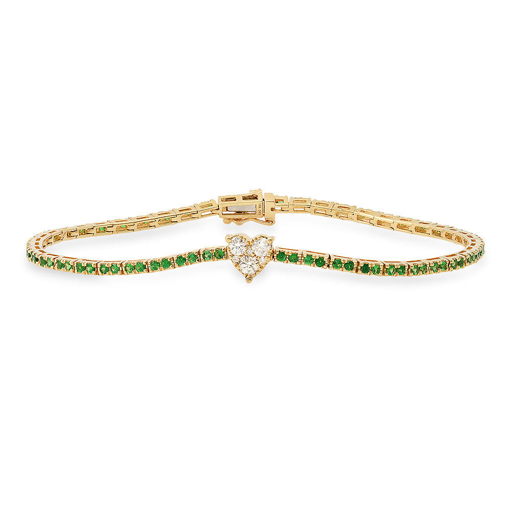 14K Yellow Gold Emerald Tennis Bracelet with Diamond Heart