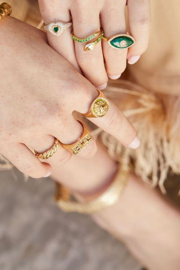 14K Yellow Gold Emerald and Diamond Snake Ring