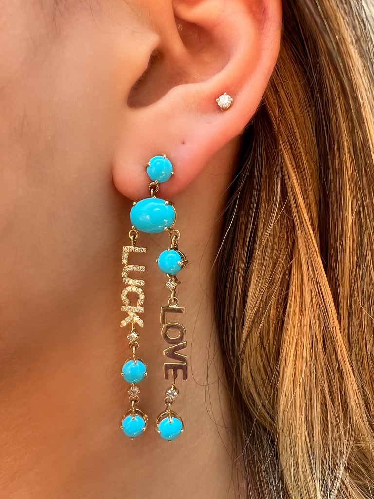 14k Yellow Gold Turquoise and Diamond “LOVE LUCK” Drop Studs