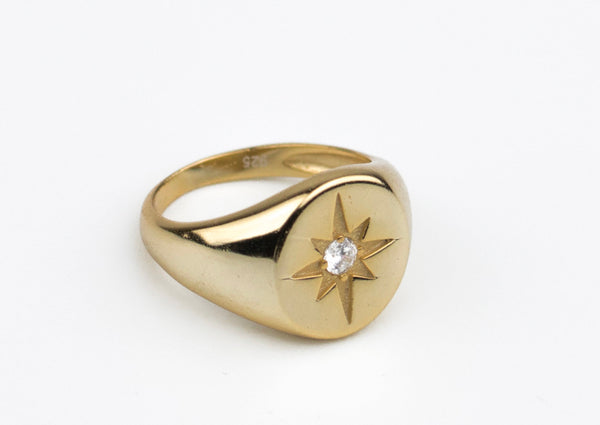 14K Gold Diamond Sunburst Signet Ring