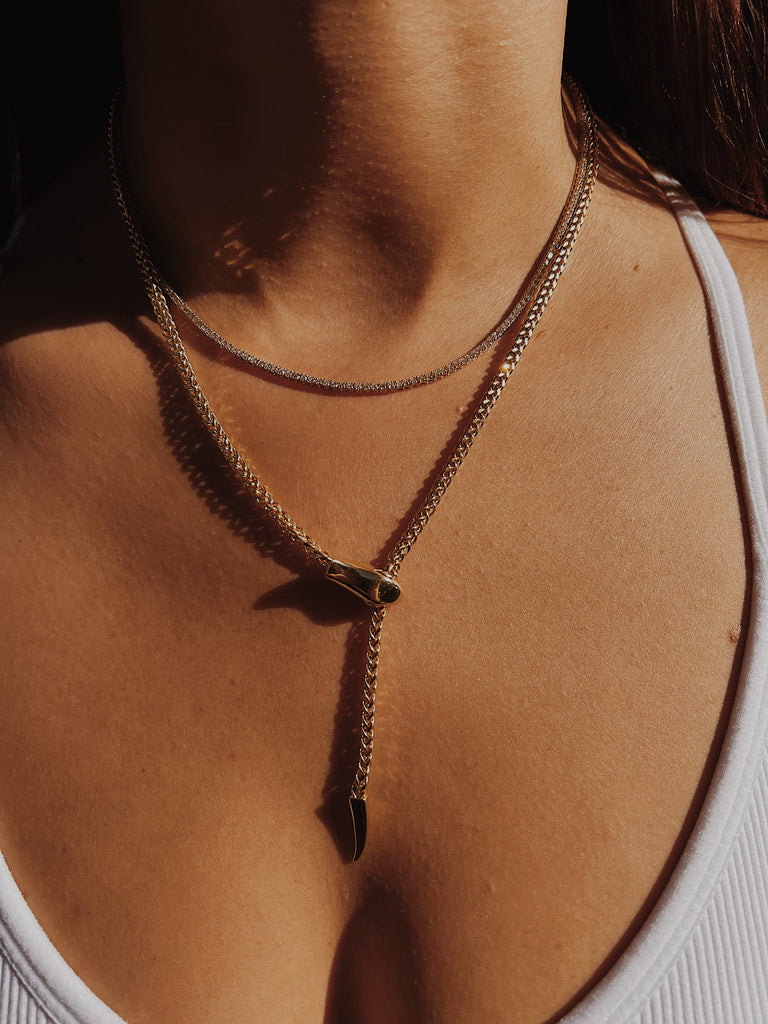 14K Solid Gold Snake Lariat Chain Necklace