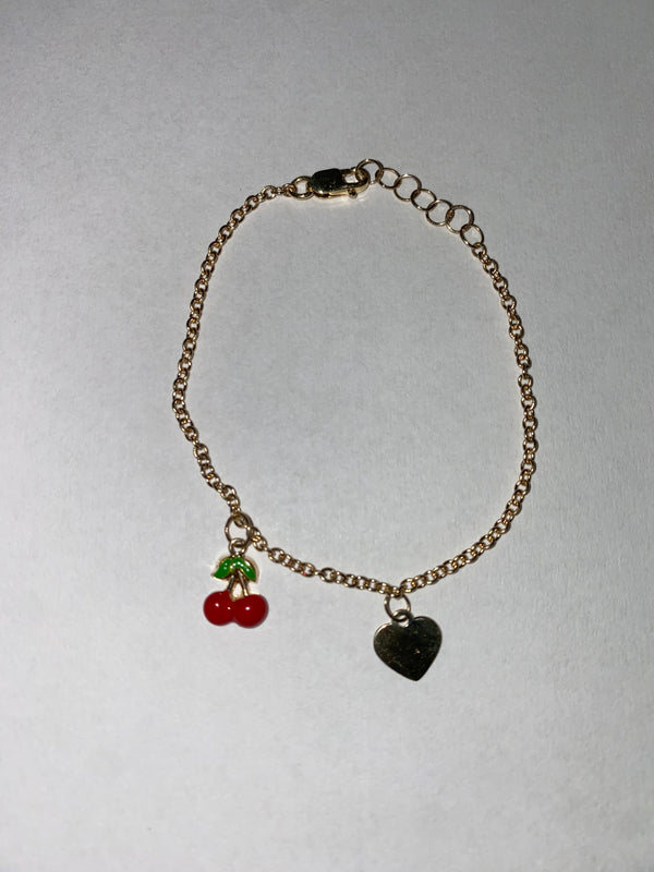 14K Yellow Gold Cherry and Heart Baby Charm Bracelet