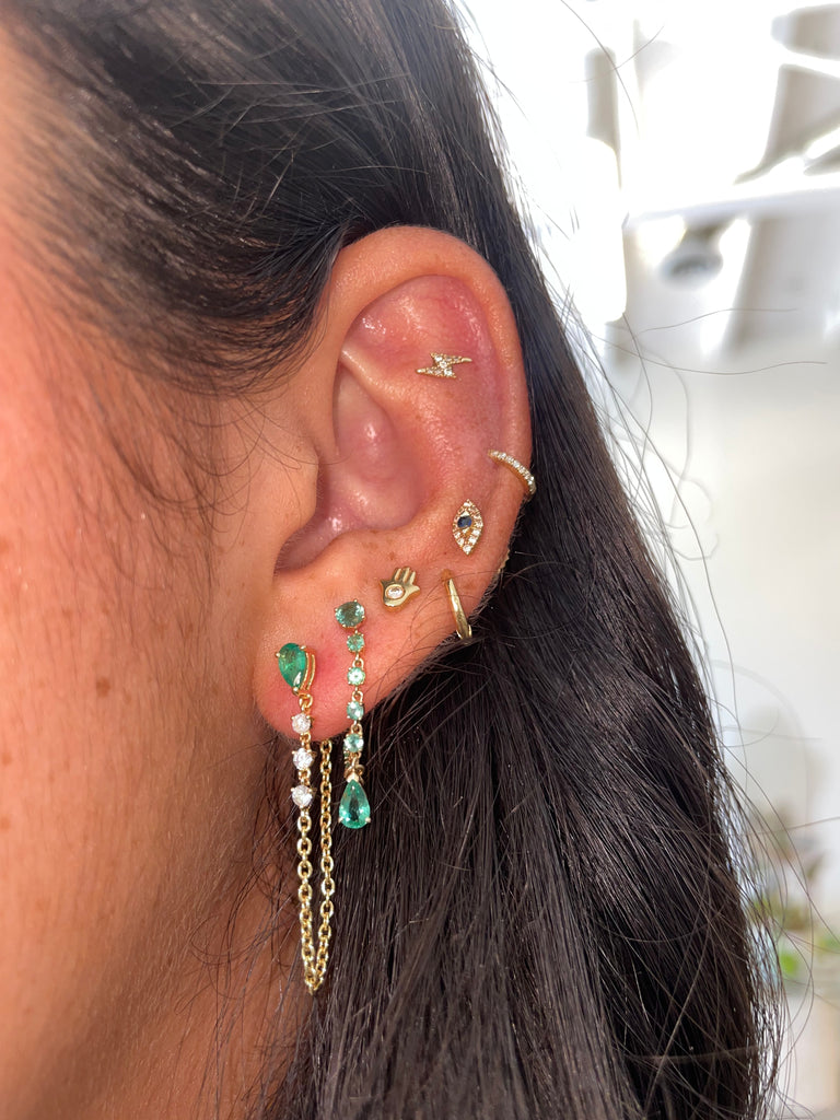 14K Yellow Gold Pear Emerald and Diamond Drop Chain Earring