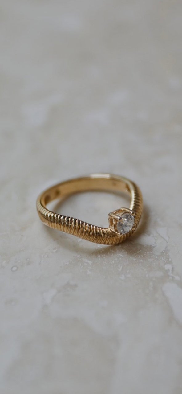 14K Yellow Gold Diamond Curved Textured Ring