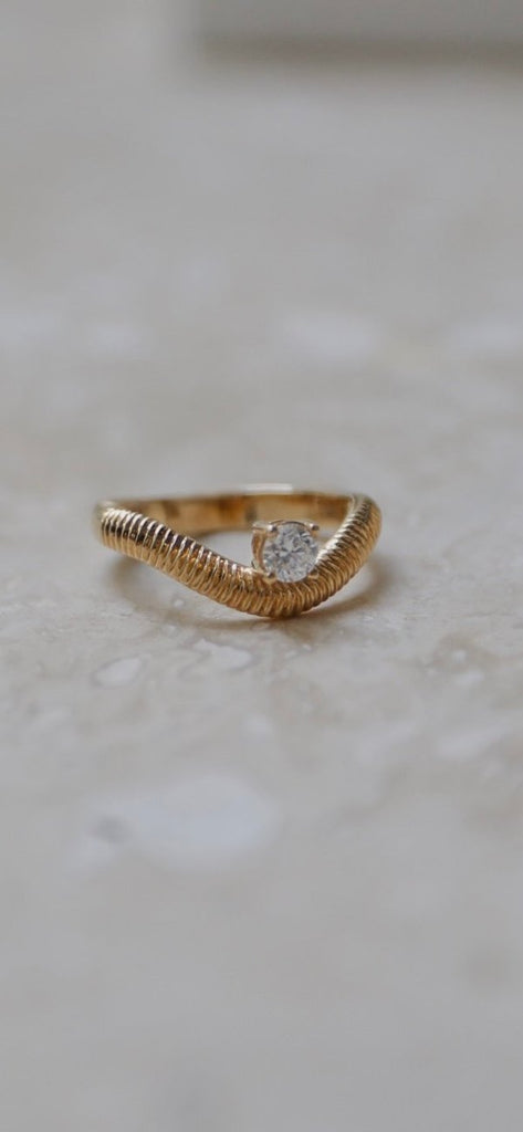 14K Yellow Gold Diamond Curved Textured Ring