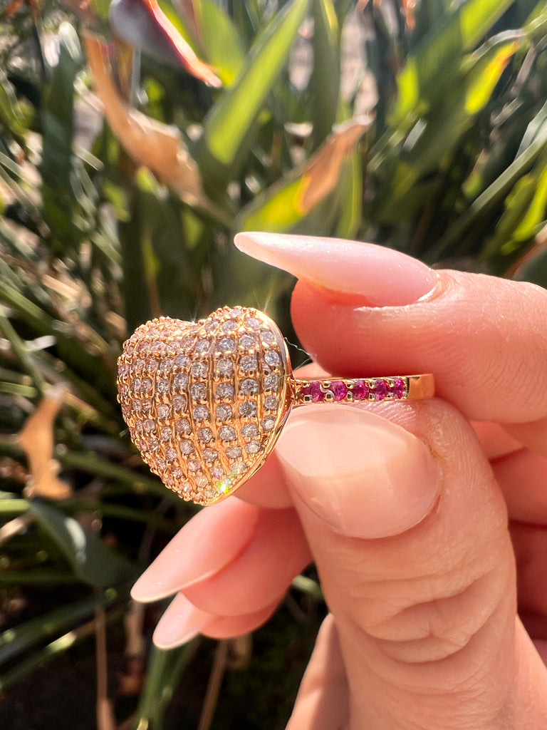 Yellow Gold Ruby Heart Ring With Diamonds 14K Yellow Gold Vintage