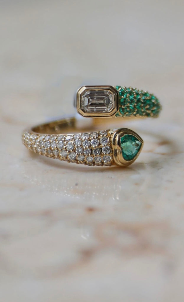 14K Yellow Gold Diamond Emerald Encrusted Heart Wrap Ring