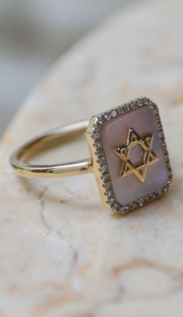 14K Yellow Gold Diamond Mother of Pearl Star of David Ring