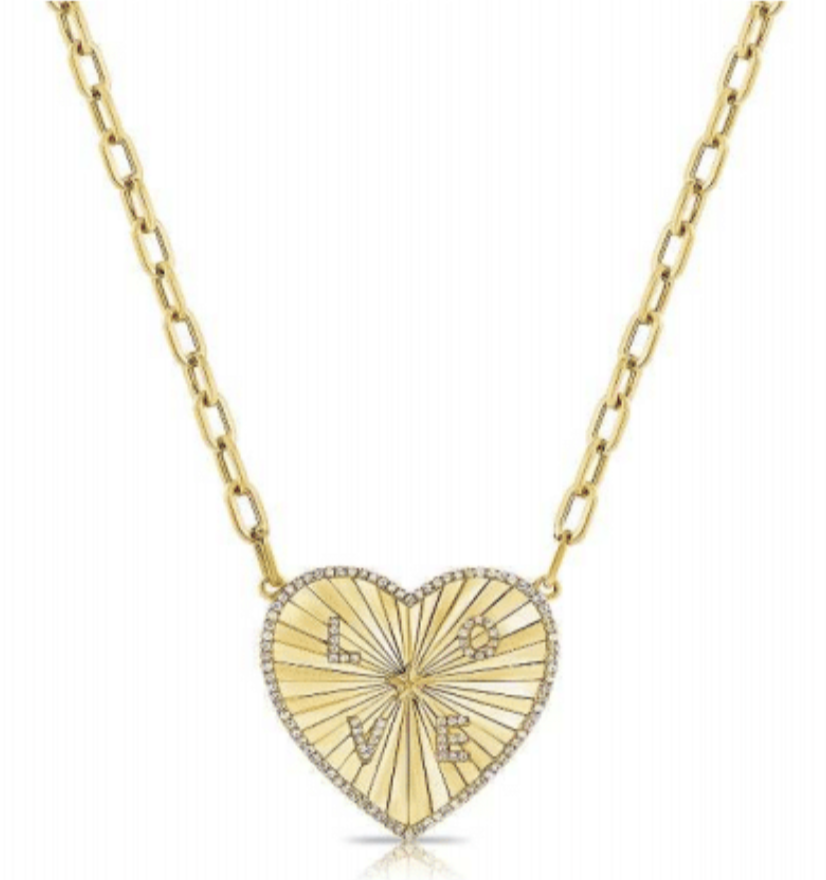 14K Yellow Gold Diamond Sunburst Love Heart Necklace