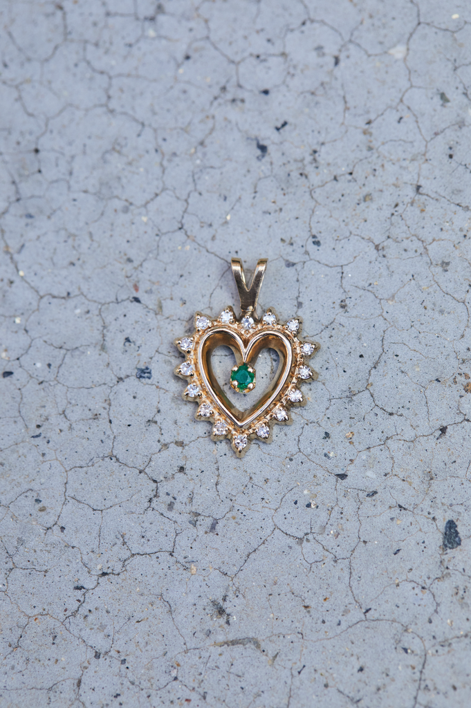 14K Yellow Gold Diamond Emerald Heart Charm