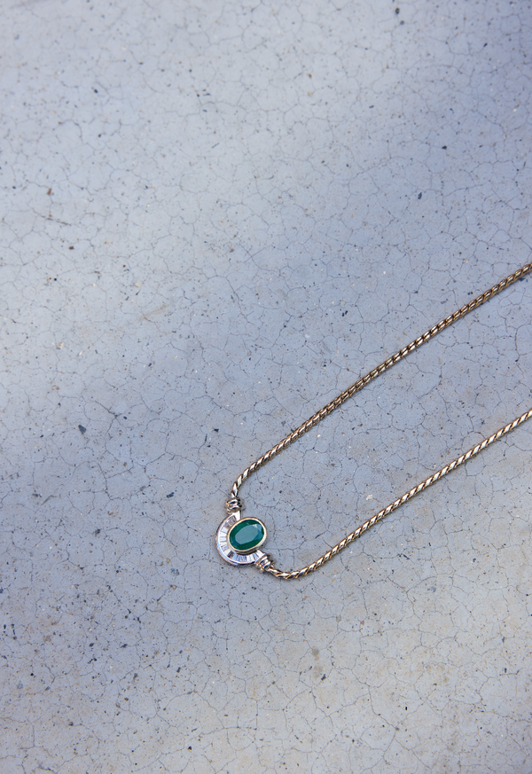 14K Yellow Gold Vintage Emerald and Diamond Baguette Necklace