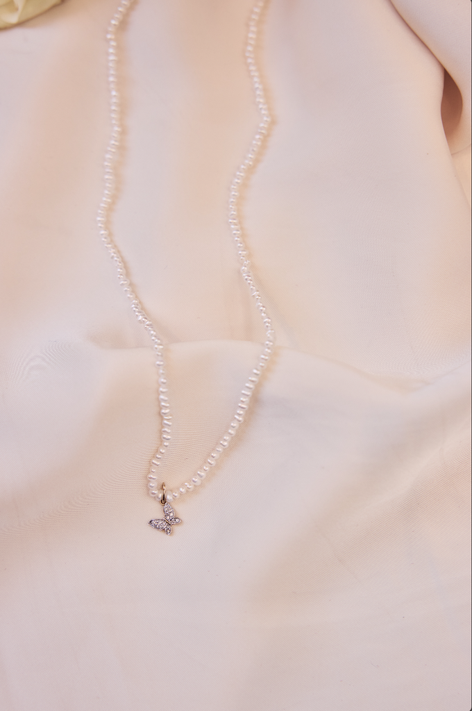 The 14K Gold Diamond Butterfly Freshwater Pearl Necklace