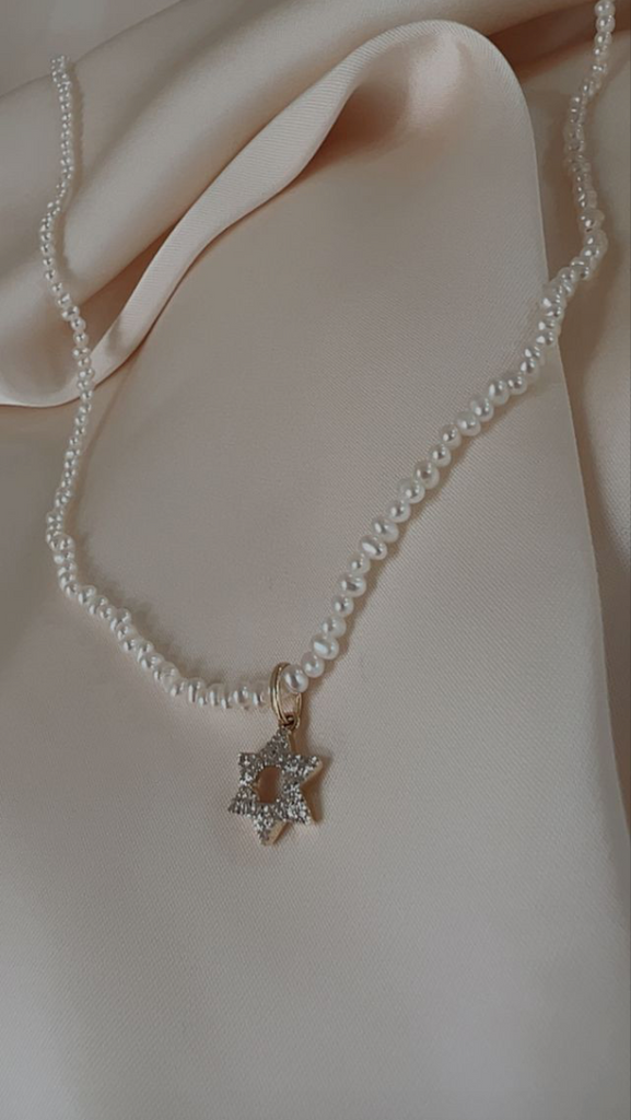 The 14K Gold Diamond Star of David Freshwater Pearl Necklace