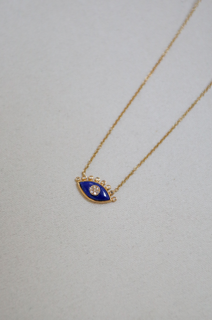 14K Yellow Gold Lapis and Diamond Evil Eye Necklace