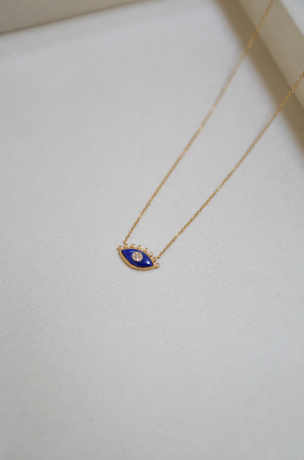 14K Yellow Gold Lapis and Diamond Evil Eye Necklace