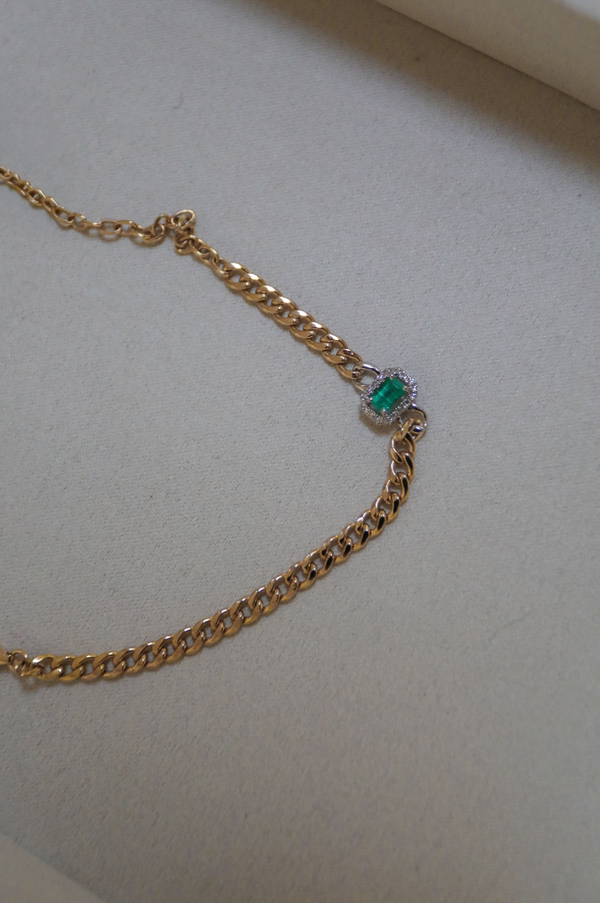 14K Yellow Gold Emerald Diamond Cuban Chain Bracelet