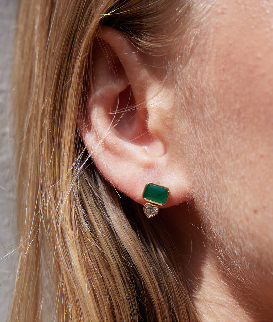 14K Yellow Gold Emerald And Heart Shaped Stud