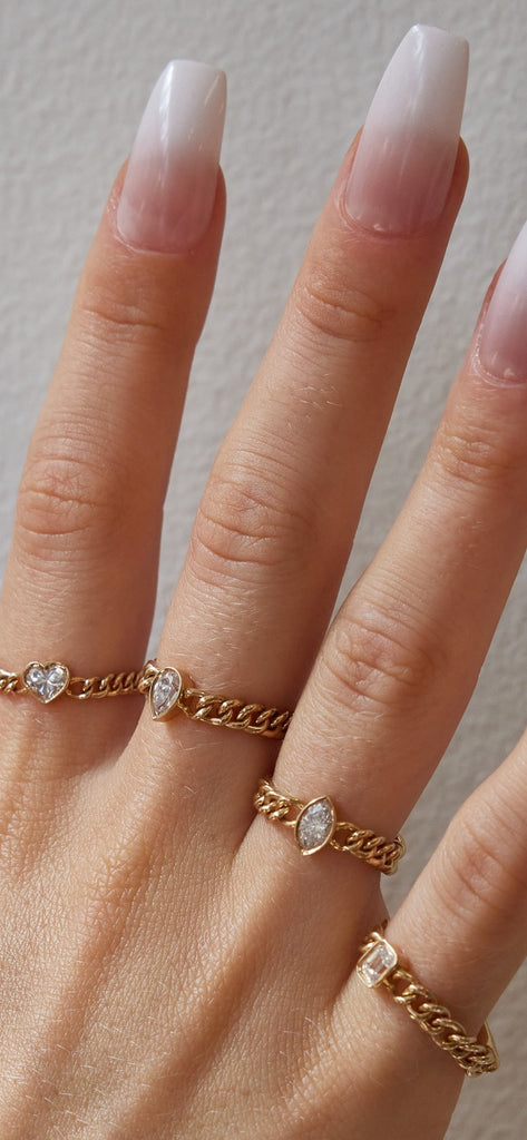14K Yellow Gold Bezel Set Emerald Diamond Chain Ring