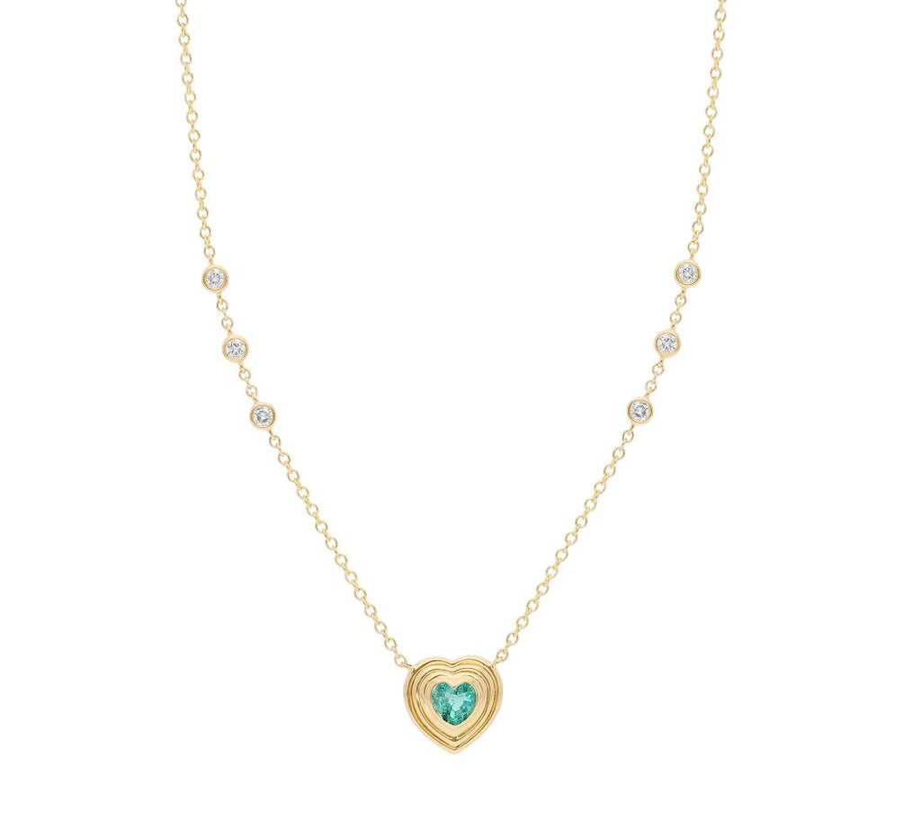 14K Yellow Gold Heart Shaped Emerald Bezel Set Diamond Necklace