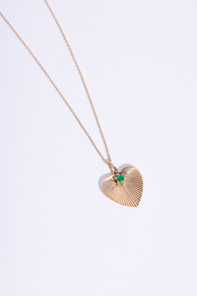 14K Yellow Gold Fluted Heart Emerald Necklace