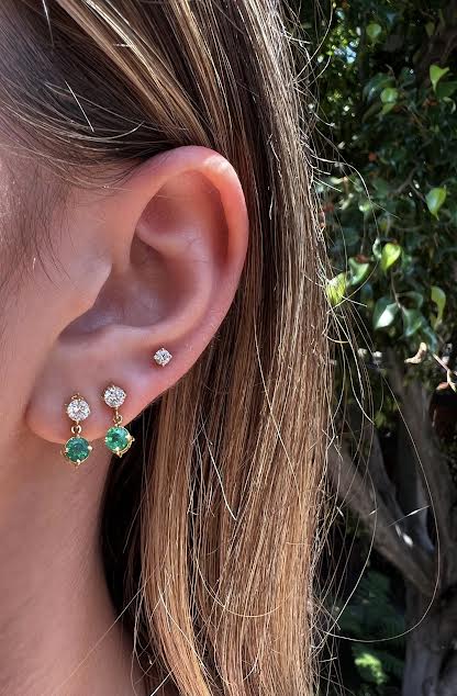 18K Yellow Gold Diamond and Emerald Drop Earrings
