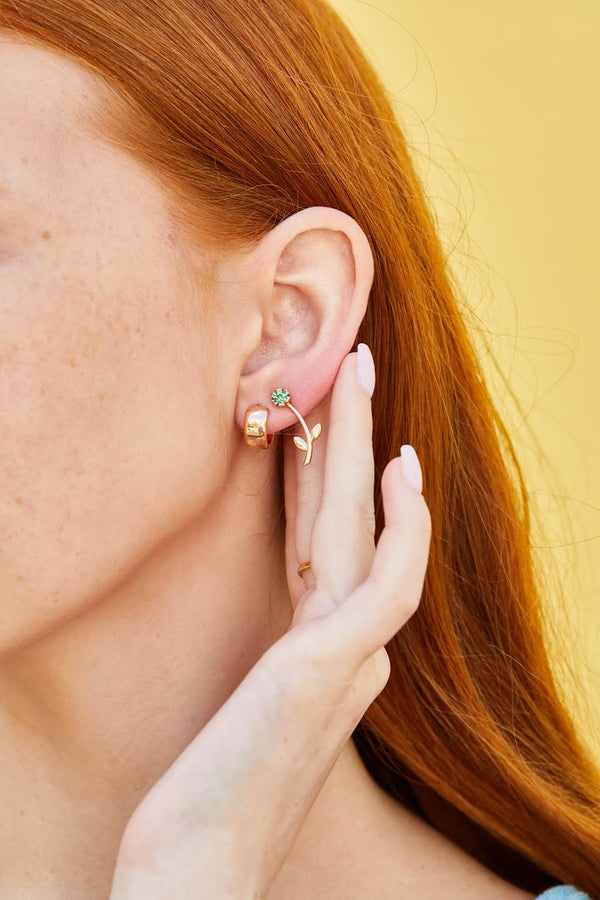 14K Gold Emerald Flower Stud Earrings with Stem