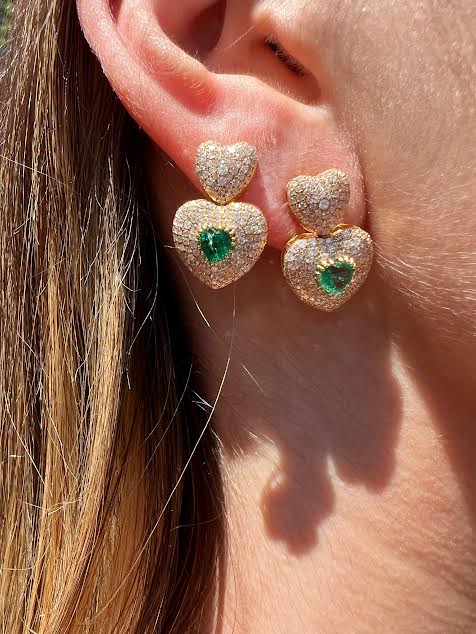 18K Yellow Gold Double Diamond and Emerald Heart Earrings