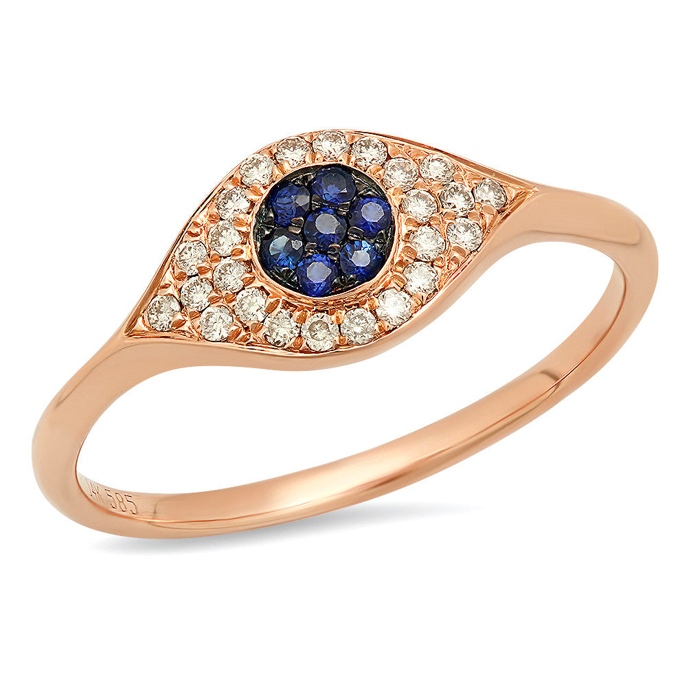 14K Gold and Diamond Sapphire Evil Eye Ring