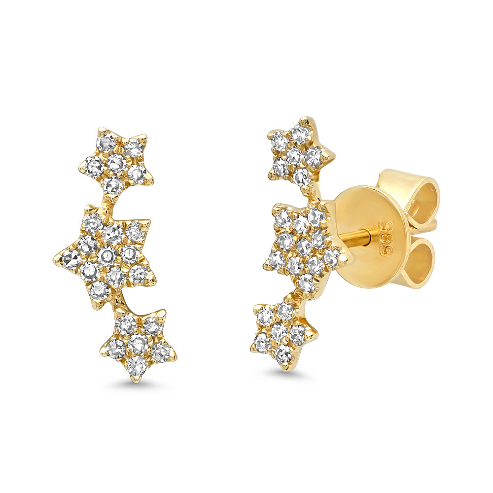 14K Gold Diamond Triple Star Stud Earrings