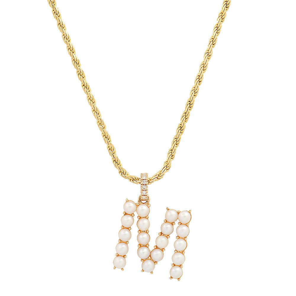 14K Gold Pearl & Diamond Initial Charm Necklace