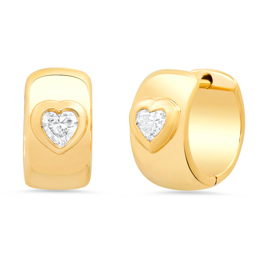 14K Gold Heart Shape Diamond Thick Huggies