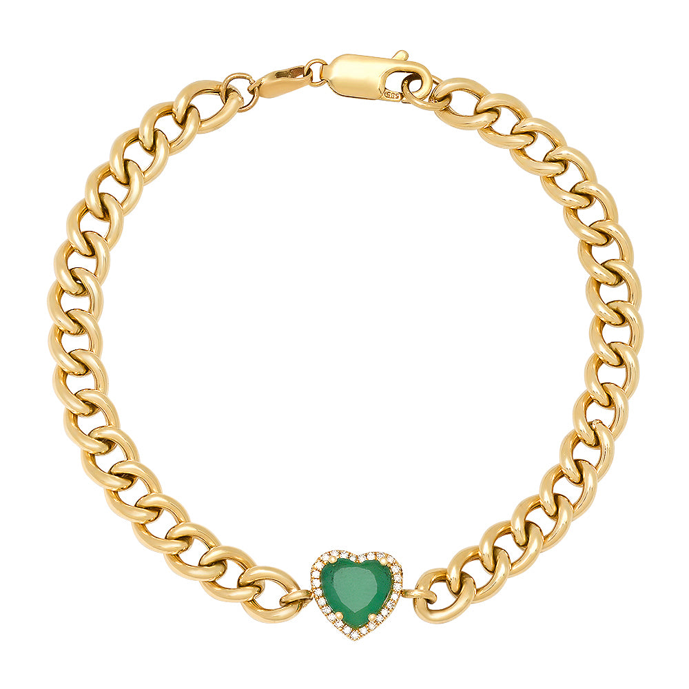 14K Gold Diamond & Heart Shape Emerald Curb Chain Bracelet