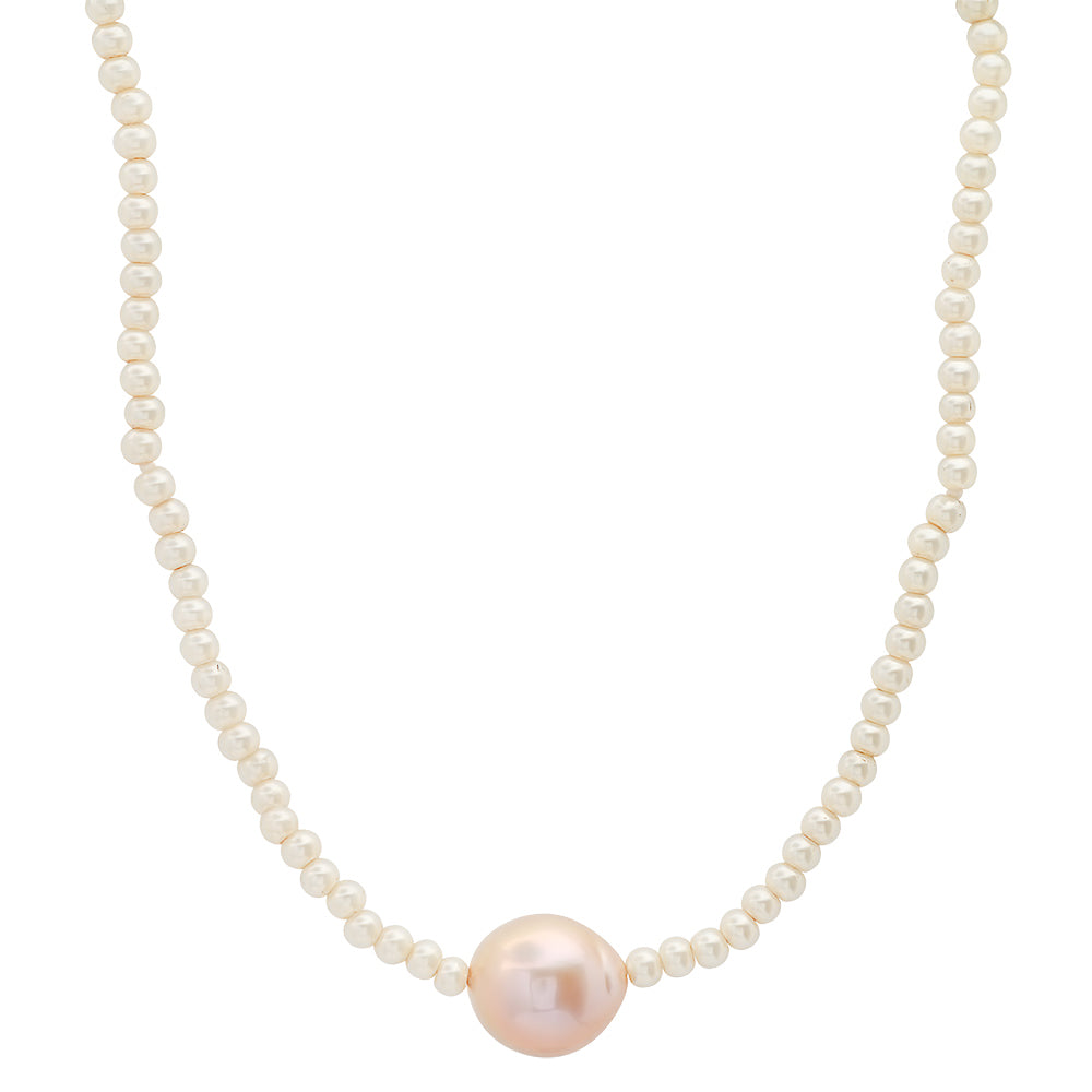 14K Yellow Gold Pearl Necklace with Pink Center