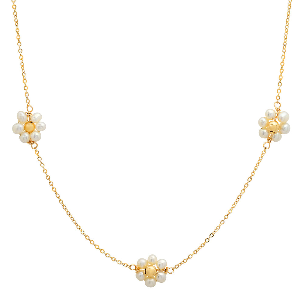 14K Yellow Gold White Pearl Flower Necklace