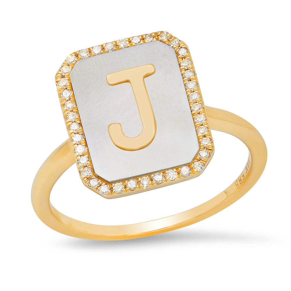 14K Yellow Gold Diamond Initial Mother of Pearl Ring