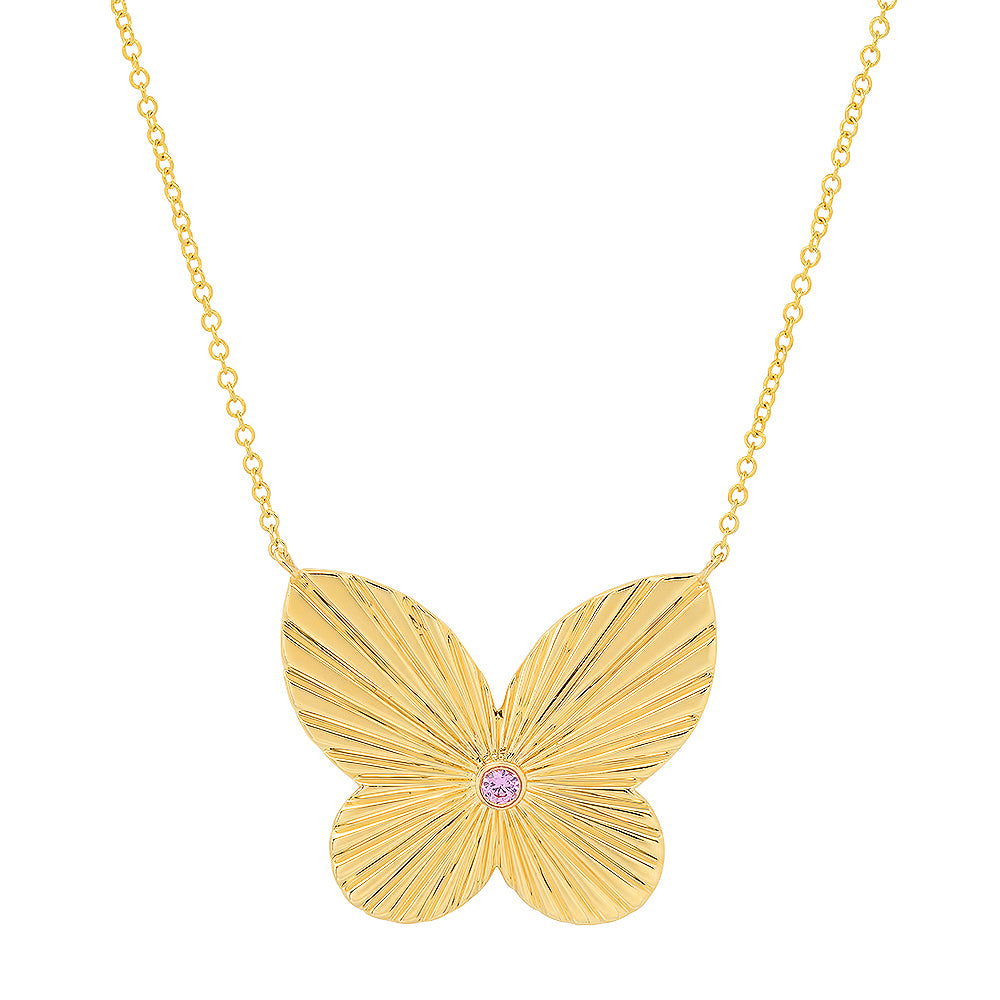 14K Yellow Gold Butterfly Necklace with Pink Sapphire