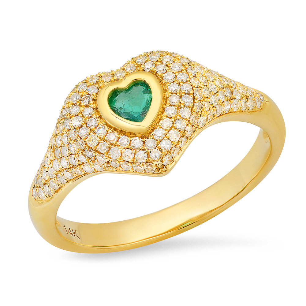 14K Yellow Gold Diamond and Emerald Heart Signet Ring