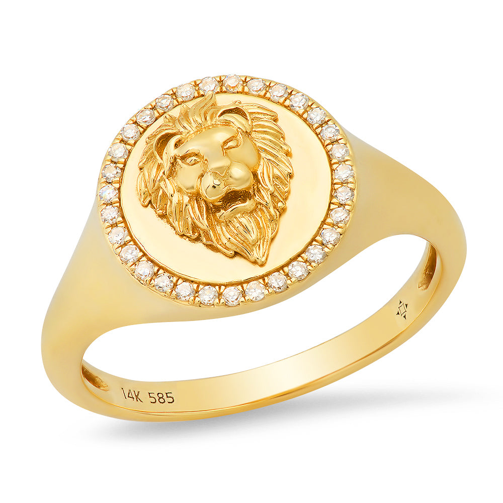14K Gold Small Lion Signet Ring with Diamonds