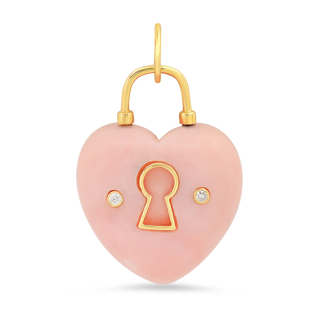 14K Gold Pink Opal and Diamond Heart Lock Pendant