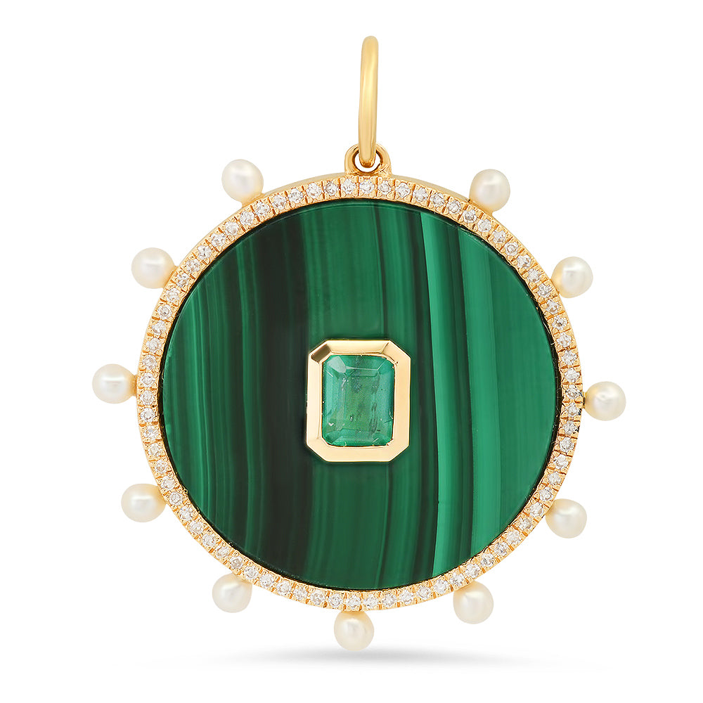 14K Yellow Gold Malachite Diamond and Pearl Round Charm with Emerald Bezel Center