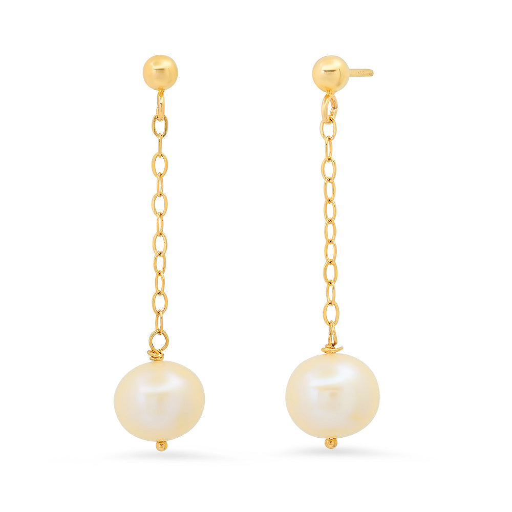 14K Yellow Gold Pearl Chain Studs