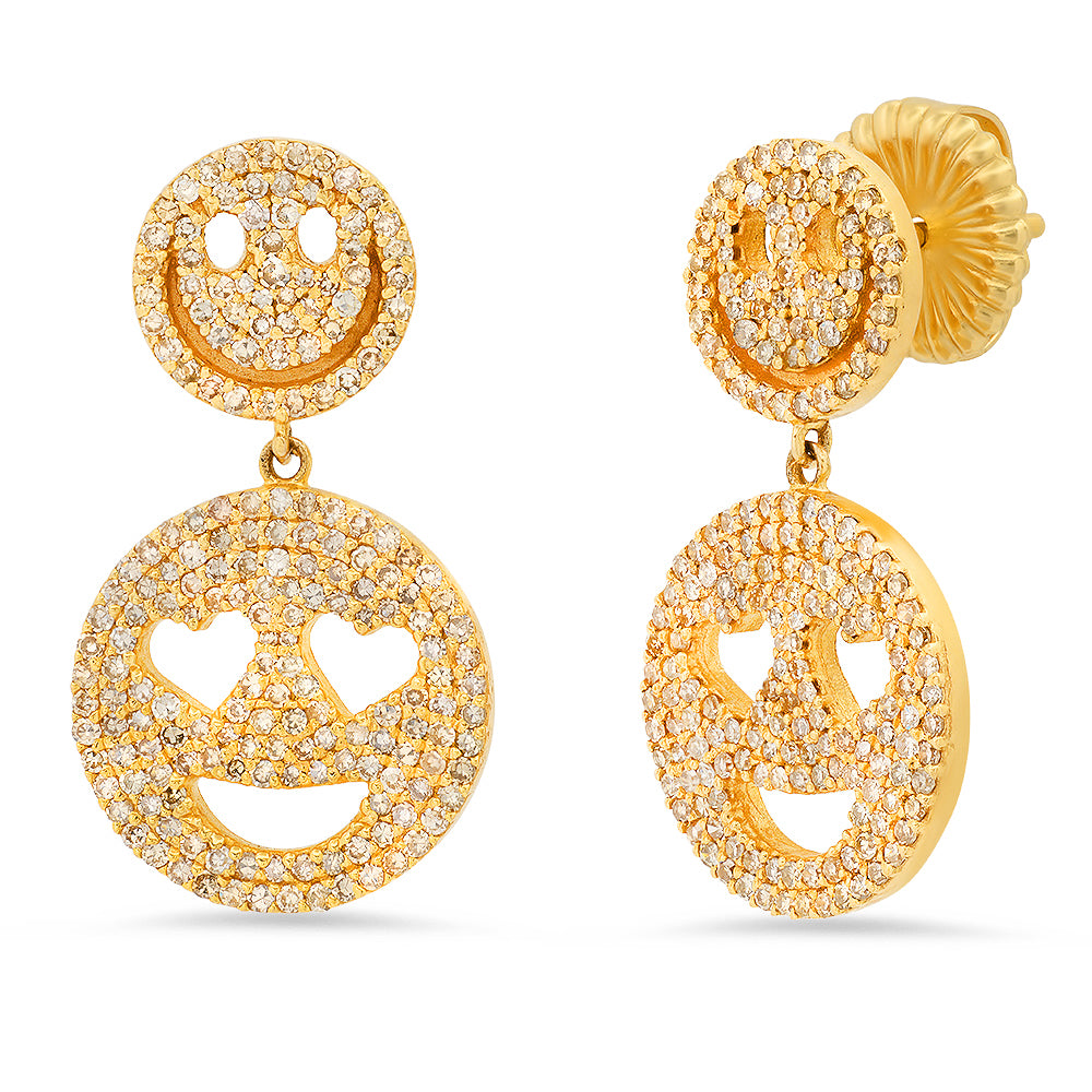 14K Gold and Diamond Smiley Face Dangling Studs
