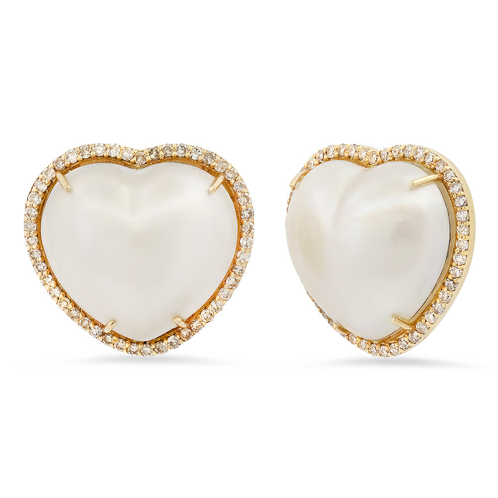 Puffy Pearl and Diamond Heart Studs