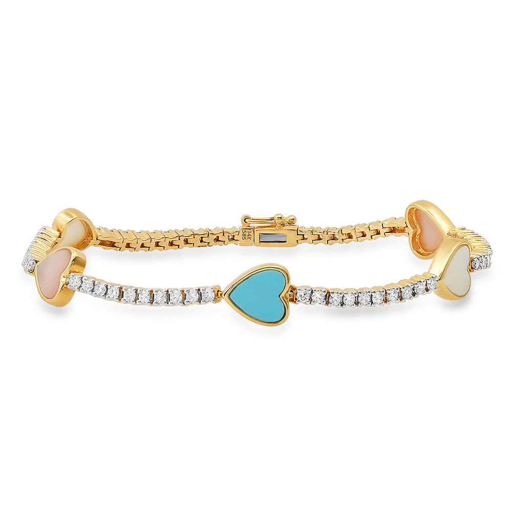 14K Yellow Gold 5 Heart Diamond Tennis Bracelet with Mother of Pearl and Turquoise