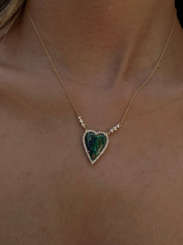 14k Yellow Gold Azurite Heart Diamond Necklace