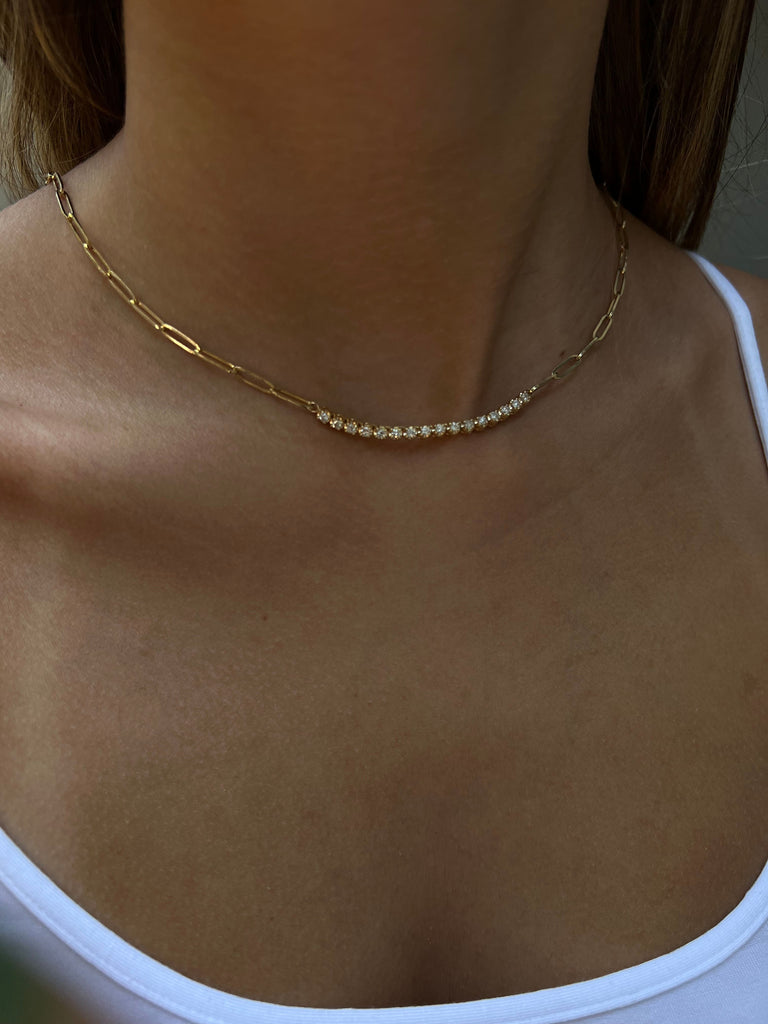 14K Yellow Gold Paperclip Diamond Tennis Necklace