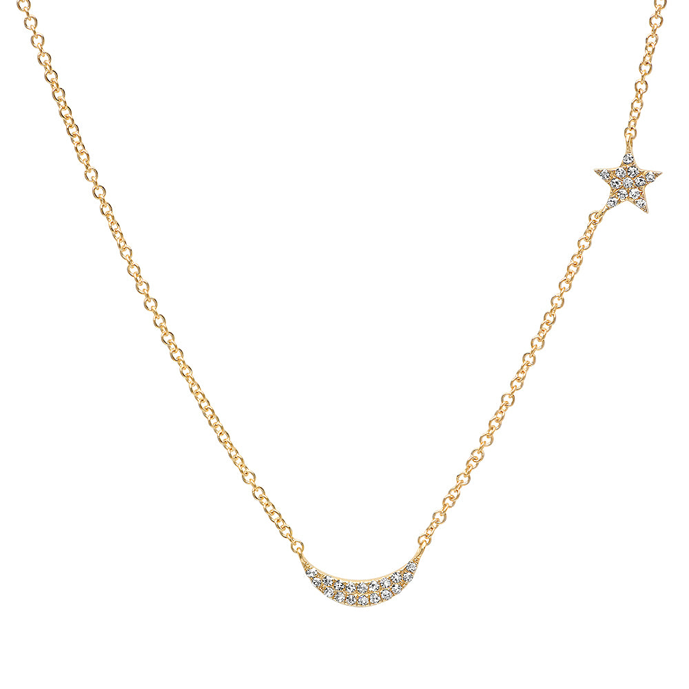 14K Gold Diamond Star & Moon Necklace